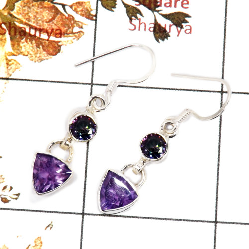 Mystic & Amethyst Cut E - SPE818-Solid 925 Sterling Silver Earrings Plain Setting Cut Gemstone Handmade Design