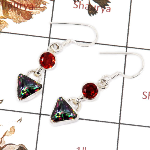 Garnet & Mystic Cut F - SPE818-Solid 925 Sterling Silver Earrings Plain Setting Cut Gemstone Handmade Design