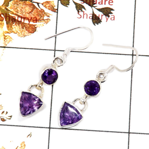 Amethyst Cut G - SPE818-Solid 925 Sterling Silver Earrings Plain Setting Cut Gemstone Handmade Design