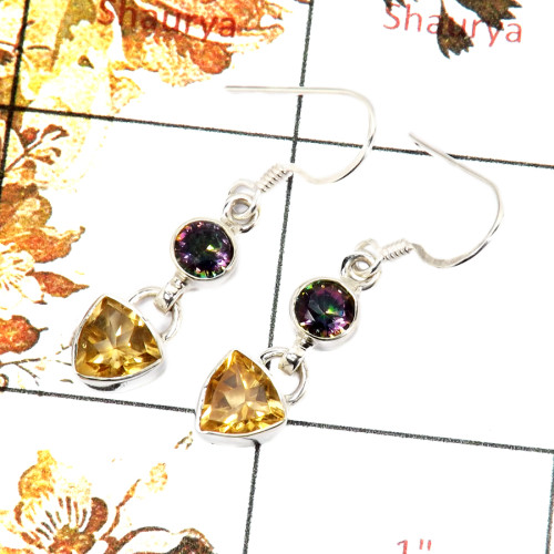 Citrine & Mystic Cut G - SPE818-Solid 925 Sterling Silver Earrings Plain Setting Cut Gemstone Handmade Design