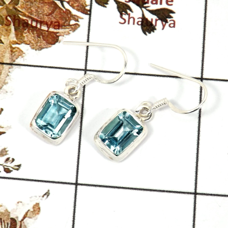 Blue Topaz Cut B - SPE817-Party Wear Solid 925 Sterling Silver Plain Setting Earrings Cut Gemstone Handmade India