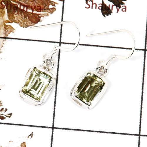 Green Amethyst Cut D - SPE817-Party Wear Solid 925 Sterling Silver Plain Setting Earrings Cut Gemstone Handmade India