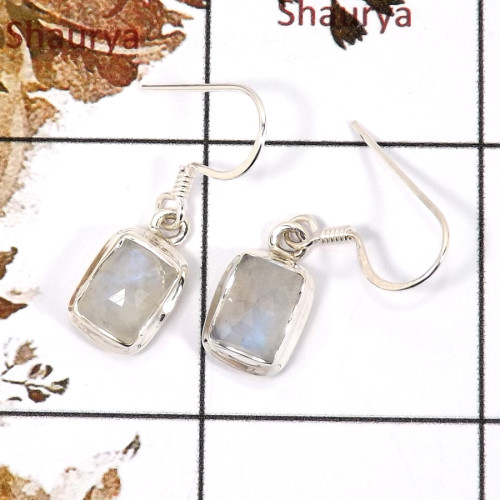 Rainbow Moonstone Cut F - SPE817-Party Wear Solid 925 Sterling Silver Plain Setting Earrings Cut Gemstone Handmade India