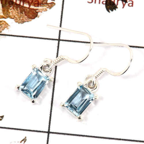 Blue Topaz Cut O - SPE816-Amazing Cut Gemstone Light Weight Earrings 925 Sterling Silver Plain Setting