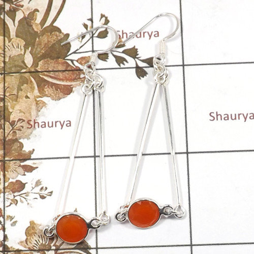 Carnelian Cut A - BZE709-Party Wear 925 Sterling Silver Bezel Long Earrings Cut Gemstone Handmade Collection