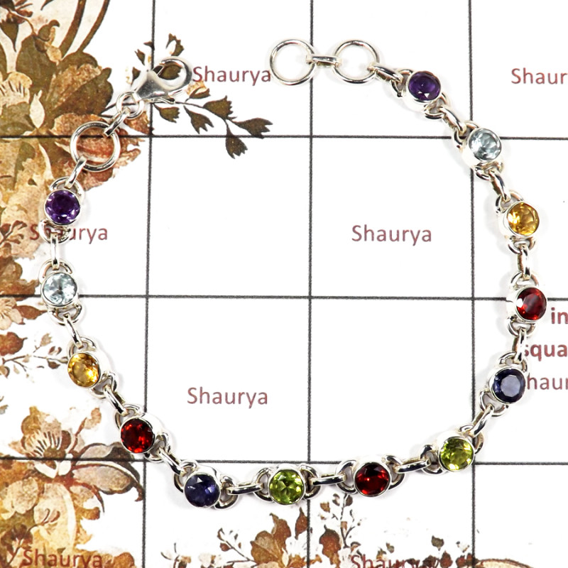 Amethyst, Blue Topaz, Citrine, Garnet, Iolite & Peridot Cut O - SPB903-Solid 925 Sterling Silver Plain Setting Bracelet Cut Gems