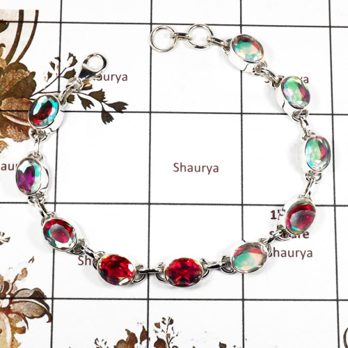 Rainbow Mystic Cut C - SPB902-Party Look Cut Gemstone Plain Setting Bracelet 925 Sterling Silver Wholesale Collection