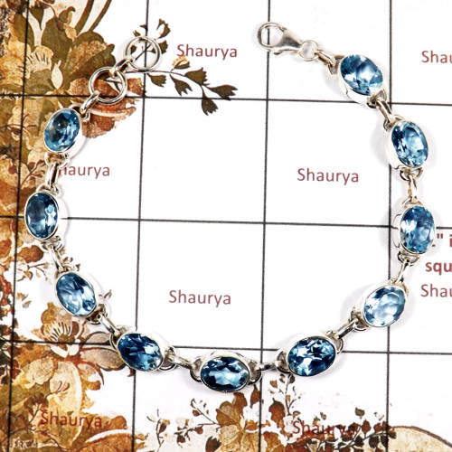 Blue Topaz Cut O - SPB902-Party Look Cut Gemstone Plain Setting Bracelet 925 Sterling Silver Wholesale Collection