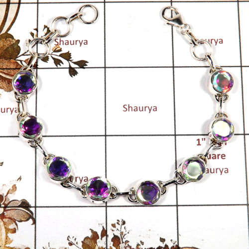 Rainbow Mystic Cut D - SPB900-Handmade Design Semiprecious Cut Gemstone Bracelet 925 Sterling Silver