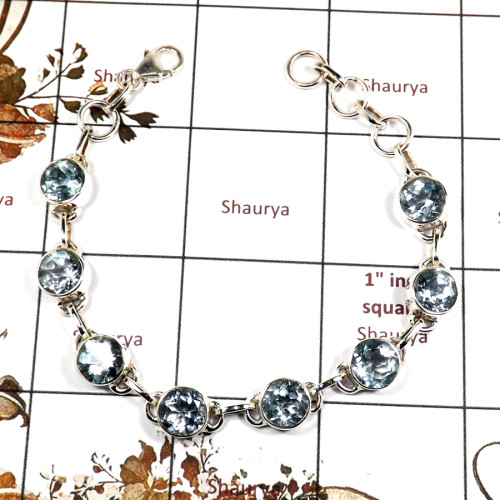 Blue Topaz Cut E - SPB900-Handmade Design Semiprecious Cut Gemstone Bracelet 925 Sterling Silver