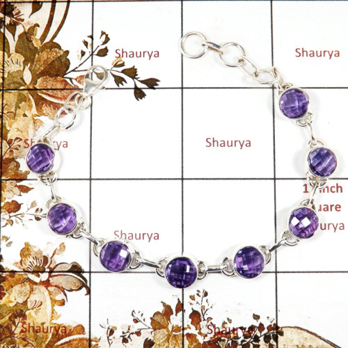 Amethyst Cut O - SPB900-Handmade Design Semiprecious Cut Gemstone Bracelet 925 Sterling Silver