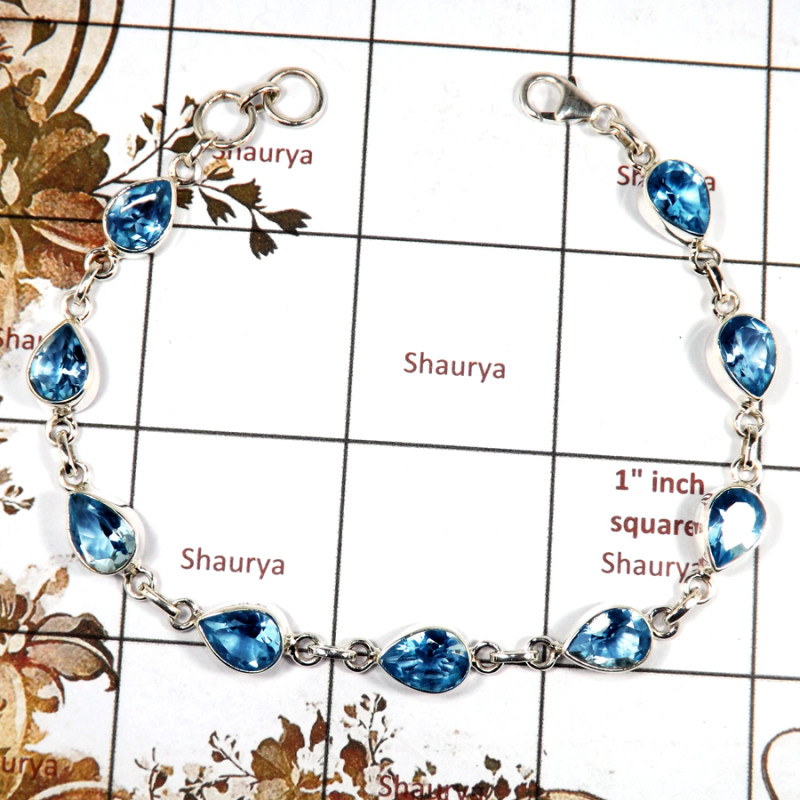 Blue Topaz Cut E - SPB899-Indian Company Handmade Design Bracelet 925 Sterling Silver Cut Gemstone