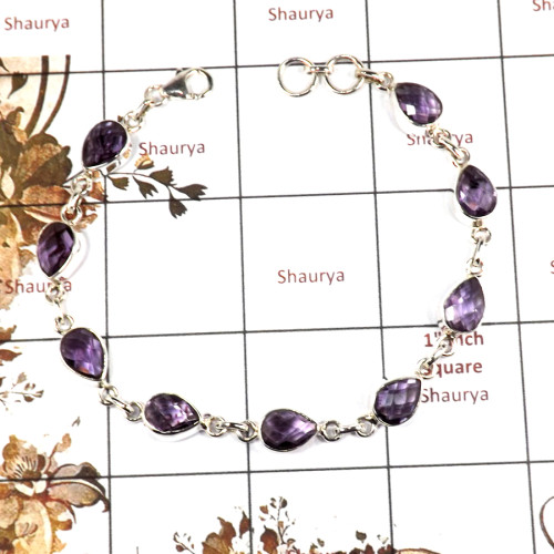 Amethyst Cut F - SPB899-Indian Company Handmade Design Bracelet 925 Sterling Silver Cut Gemstone