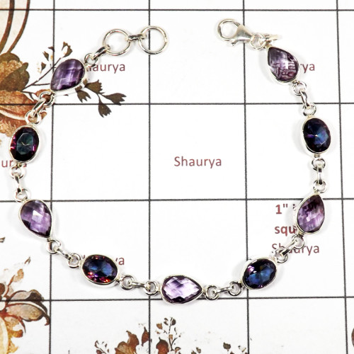 Amethyst & Mystic Cut C - SPB898-Solid 925 Sterling Silver Bracelet Pretty Look Cut Gemstone Handmade Collection