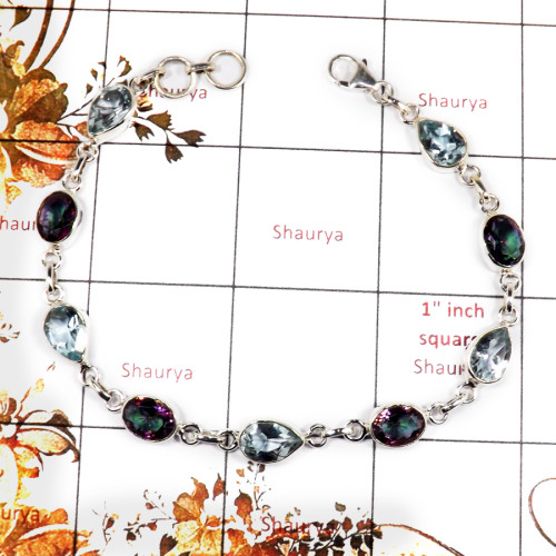 Blue Topaz & Mystic Cut E - SPB898-Solid 925 Sterling Silver Bracelet Pretty Look Cut Gemstone Handmade Collection