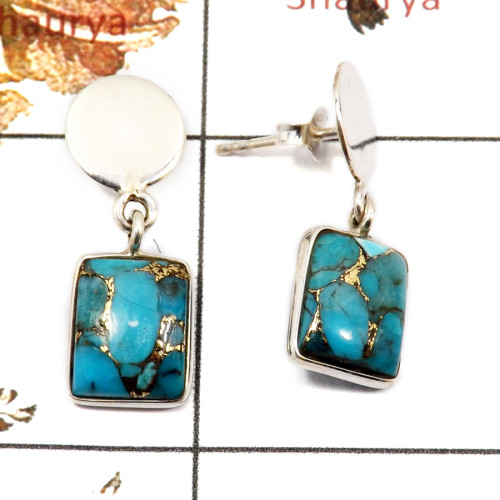 Blue Copper Turquoise Cab J - BZE705-Party Wear Design Bezel Earrings Cab Gemstone 925 Sterling Silver