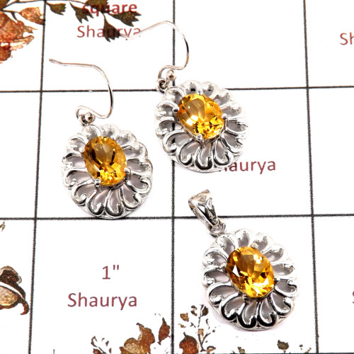 Citrine Cut A - SCS986-Exclusive Cut Gemstone 925 Silver Pendant Earrings Set Handmade Design