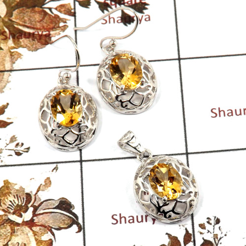 Citrine Cut C - SCS986-Exclusive Cut Gemstone 925 Silver Pendant Earrings Set Handmade Design