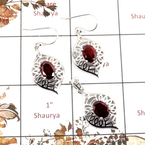 Garnet Cut E - SCS986-Exclusive Cut Gemstone 925 Silver Pendant Earrings Set Handmade Design