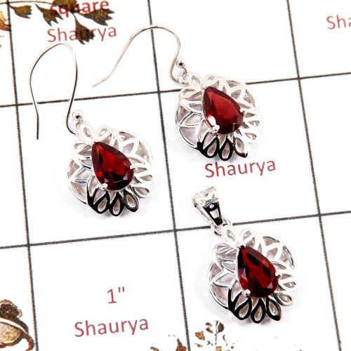 Garnet Cut F - SCS986-Exclusive Cut Gemstone 925 Silver Pendant Earrings Set Handmade Design