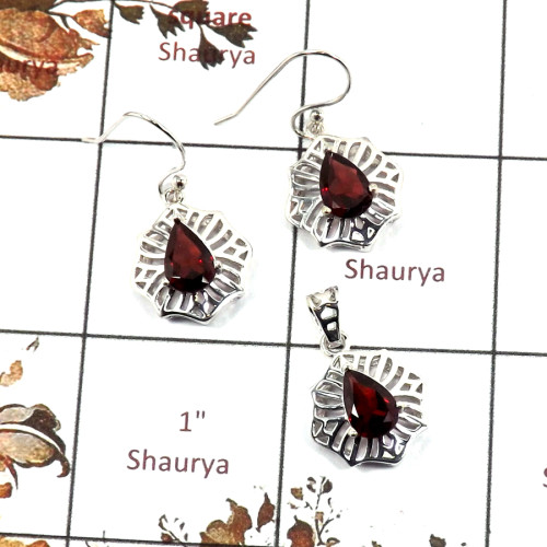Garnet Cut O - SCS986-Exclusive Cut Gemstone 925 Silver Pendant Earrings Set Handmade Design