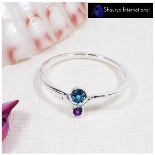 Swiss Blue Topaz & Amethyst Cut D - SFJ914-Light Weight Two Gemstone Solid 925 Silver Tiny Ring Cab & Cut Gemstone