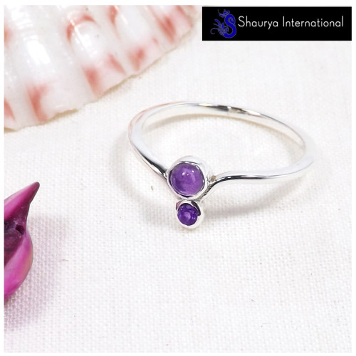 Amethyst Cab & Cut O - SFJ914-Light Weight Two Gemstone Solid 925 Silver Tiny Ring Cab & Cut Gemstone