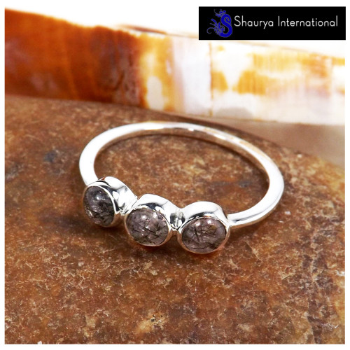 Black Rutile Cab C - SFJ913-Exclusive Cabochon Gemstone Light Weight Trilogy Ring 925 Sterling Silver