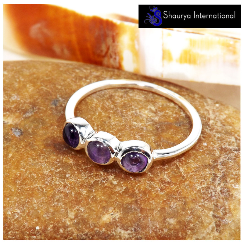 Amethyst Cab J - SFJ913-Exclusive Cabochon Gemstone Light Weight Trilogy Ring 925 Sterling Silver