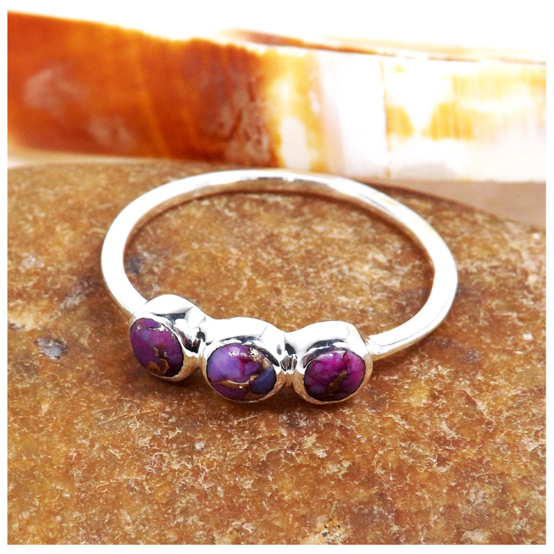 Purple Copper Turquoise Cab O - SFJ913-Exclusive Cabochon Gemstone Light Weight Trilogy Ring 925 Sterling Silver