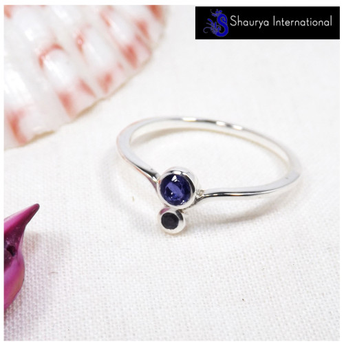 Iolite Cut B - SFJ912-Newly Design Two Stone Light Weight Midi Ring Solid 925 Sterling Silver