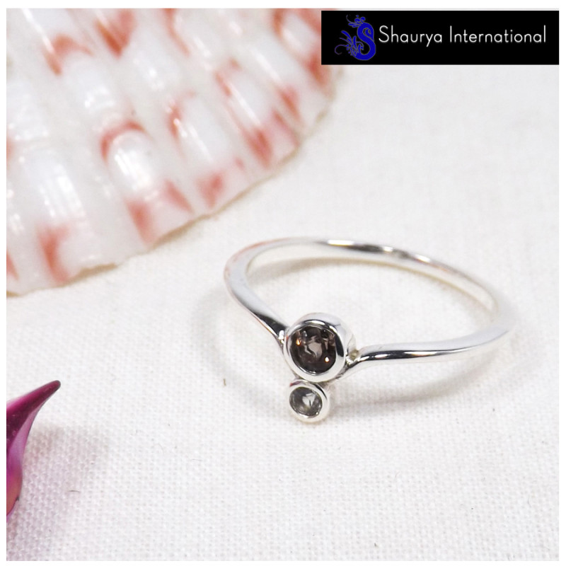 Smokey & White Topaz Cut D - SFJ912-Newly Design Two Stone Light Weight Midi Ring Solid 925 Sterling Silver