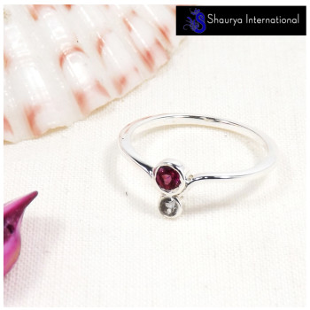 Rhodolite Garnet & White Topaz Cut G - SFJ912-Newly Design Two Stone Light Weight Midi Ring Solid 925 Sterling Silver