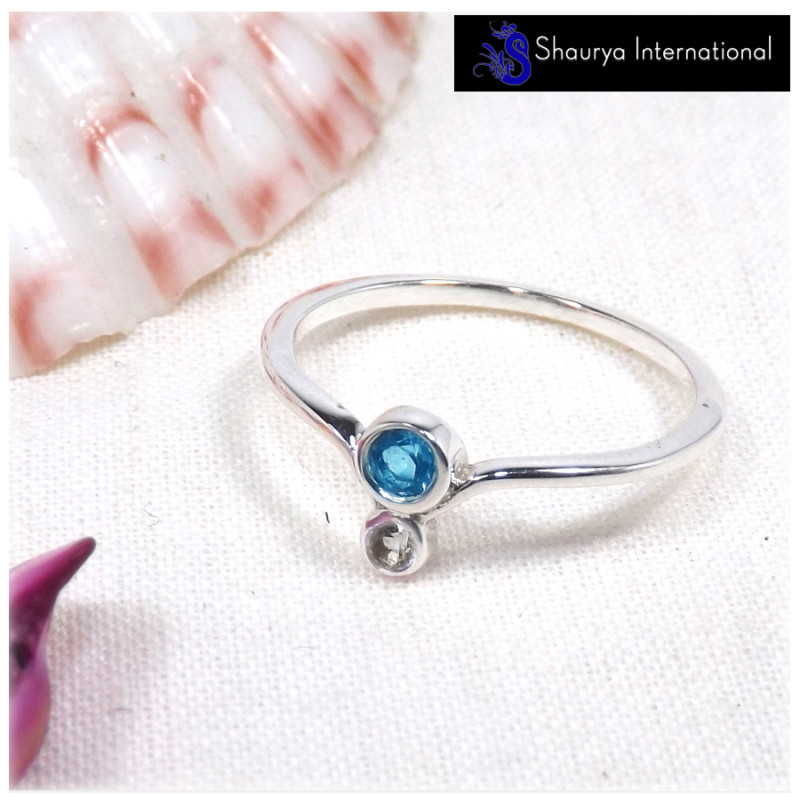 London Blue Topaz Cut H - SFJ912-Newly Design Two Stone Light Weight Midi Ring Solid 925 Sterling Silver