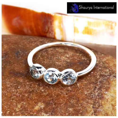 Blue Topaz Cut B - SFJ911-Stunning Look Three Cut Gemstone Light Weight Ring 925 Sterling Silver