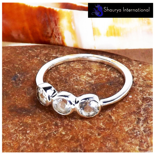 White Topaz Cut C - SFJ911-Stunning Look Three Cut Gemstone Light Weight Ring 925 Sterling Silver