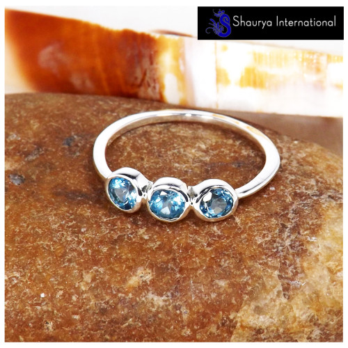 Swiss Blue Topaz Cut D - SFJ911-Stunning Look Three Cut Gemstone Light Weight Ring 925 Sterling Silver