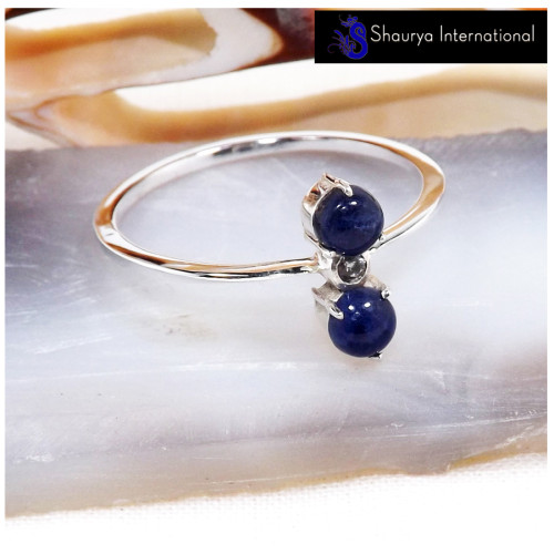 Lapis Cab & White Topaz Cut A - SFJ910-New Collection Solid 925 Silver Three Stone Light Weight Tiny Ring