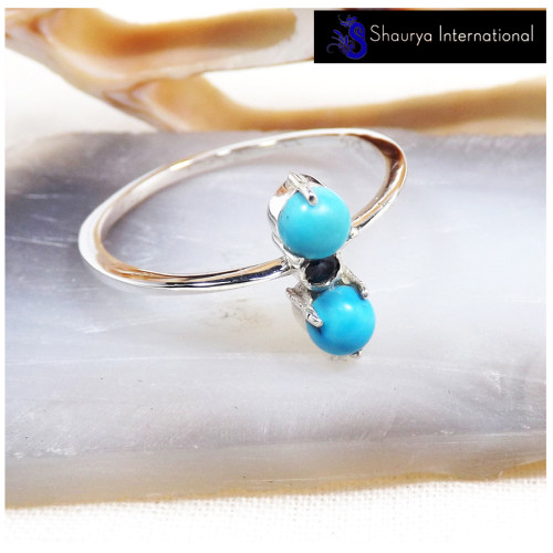 Blue Turquoise & Kyanite Cut C - SFJ910-New Collection Solid 925 Silver Three Stone Light Weight Tiny Ring