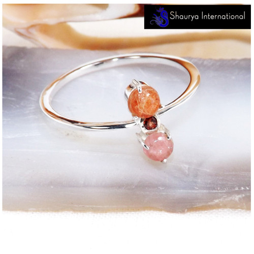 Sunstone Cab & Garnet Cut D - SFJ910-New Collection Solid 925 Silver Three Stone Light Weight Tiny Ring