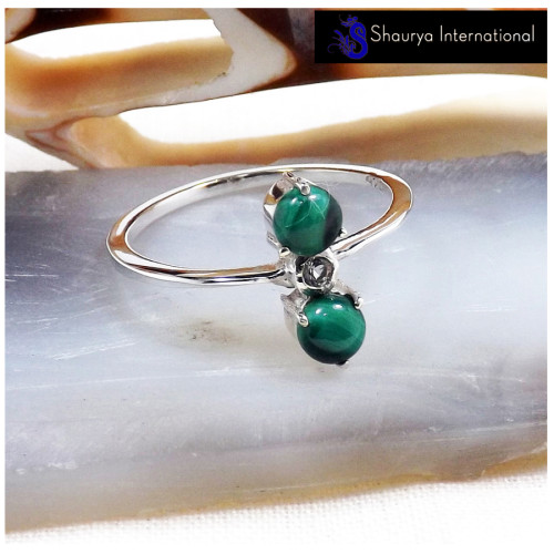 Malachite Cab & White Topaz Cut F - SFJ910-New Collection Solid 925 Silver Three Stone Light Weight Tiny Ring