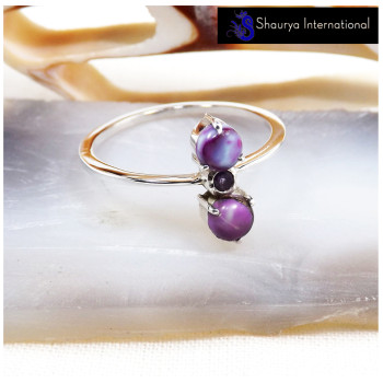 Purple Turquoise & Amethyst Cut O - SFJ910-New Collection Solid 925 Silver Three Stone Light Weight Tiny Ring
