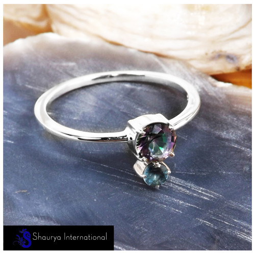 Mystic & Blue Topaz Cut B - SFJ909-Classic Faceted Cut Gemstone  925 Sterling Silver Handmade Rings