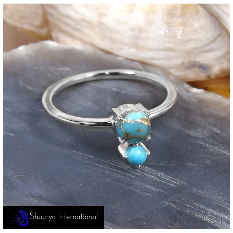 Blue Copper Turquoise & Blue Turquoise Cab C - SFJ908-Superb Light Weight Cab & Cut Two Stone Midi Ring 925 Sterling Silver