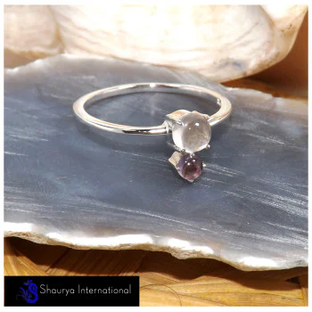 Rose Quartz & Amethyst Cab E - SFJ908-Superb Light Weight Cab & Cut Two Stone Midi Ring 925 Sterling Silver Rose Quartz & Amethyst Cab E - SFJ908-Superb Light Weight Cab & Cut Two Stone Midi Ring 925 Sterling Silver