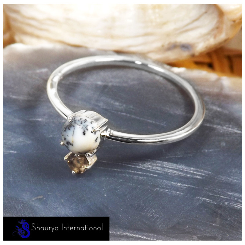 Dendritic Agate Cab & Smokey Cut H - SFJ908-Superb Light Weight Cab & Cut Two Stone Midi Ring 925 Sterling Silver