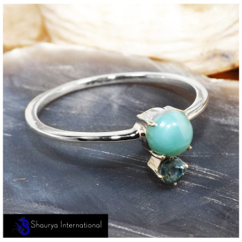 Larimar Cab & Swiss Blue Topaz Cut I - SFJ908-Superb Light Weight Cab & Cut Two Stone Midi Ring 925 Sterling Silver