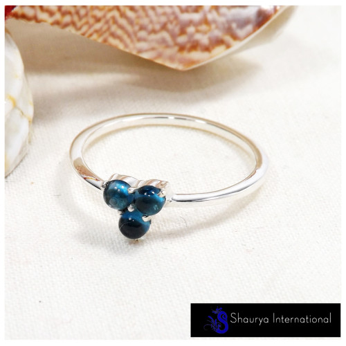 London Blue Topaz Cab A - SFJ907-Light Weight Cabochon Gemstone Trilogy Tiny Ring 925 Sterling Silver