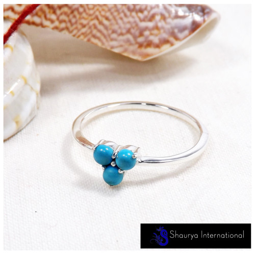 Blue Turquoise Cab O - SFJ907-Light Weight Cabochon Gemstone Trilogy Tiny Ring 925 Sterling Silver