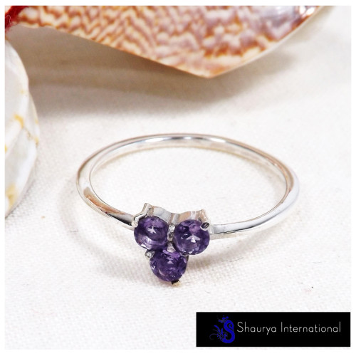 Amethyst Cut C - SFJ906-Classic Light Weight Cut Gemstone Trilogy Ring 925 Sterling Silver